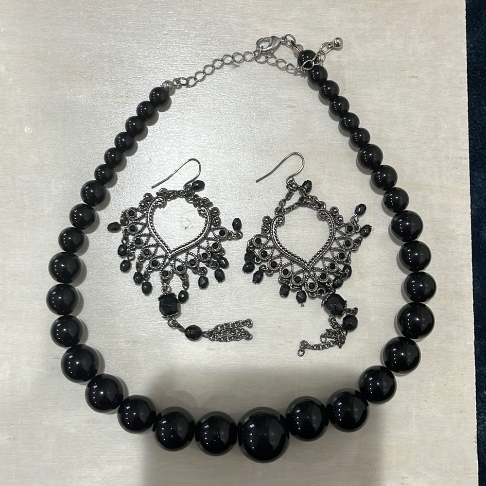 Black and Silver Bead Necklace and Earring Bundle